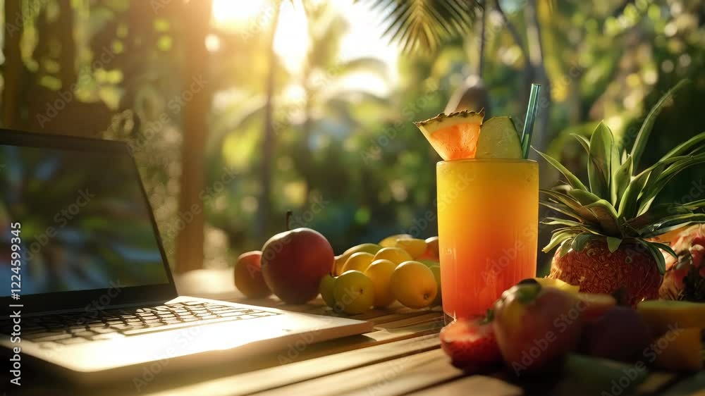 Refreshing Tropical Drink and Laptop on a Wooden Table in a Sunlit Garden Setting. Generative AI