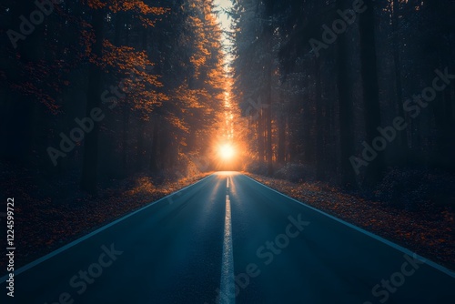 Empty highway road in the forest, evening view, truck light coming from the opposite side