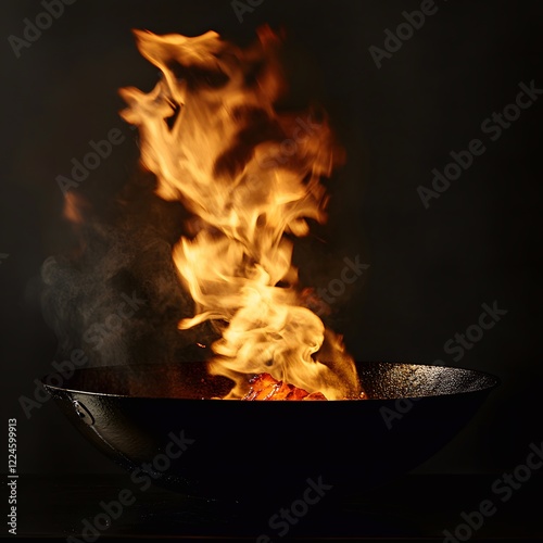 Chinese wok on fire, cooking on dark isolared black background.