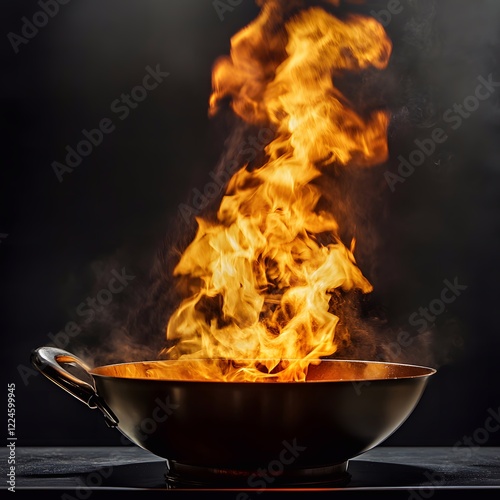 Chinese wok on fire, cooking on dark isolared black background. photo