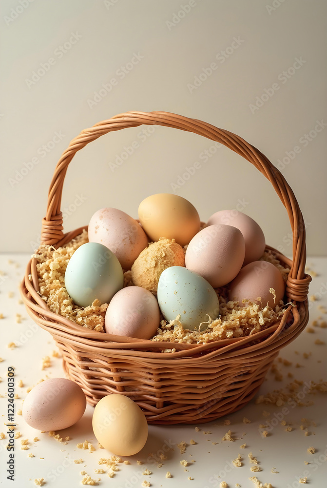 A woven basket overflowing with a collection of pastel-colored Easter eggs, nestled in wood shavings against a soft, neutral background A woven basket overflowing with a collection of pastel-colored Easter eggs, nestled in wood shavings against a soft, neutral background