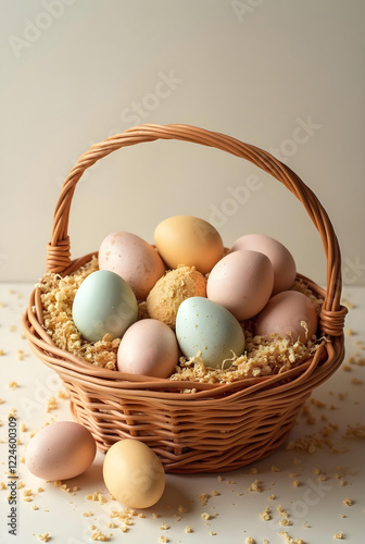 A woven basket overflowing with a collection of pastel-colored Easter eggs, nestled in wood shavings against a soft, neutral background photo