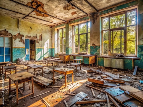 Destroyed School Classroom in Donetsk: Broken Windows, Tables, and Debris - Low Light Stock Photo photo