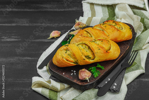 Fresh baked garlic bread, gluten free buns. Tasty food, fresh parsley, fragrant spices