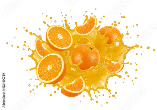 orange with orange juice splash  isolated on transparent background