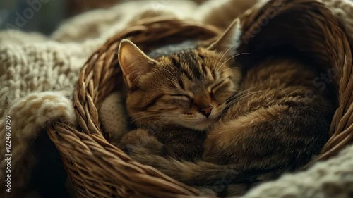 Wallpaper Mural Cozy Cat Sleeping Peacefully in a Woven Basket Surrounded by Soft Blankets. Generative AI Torontodigital.ca