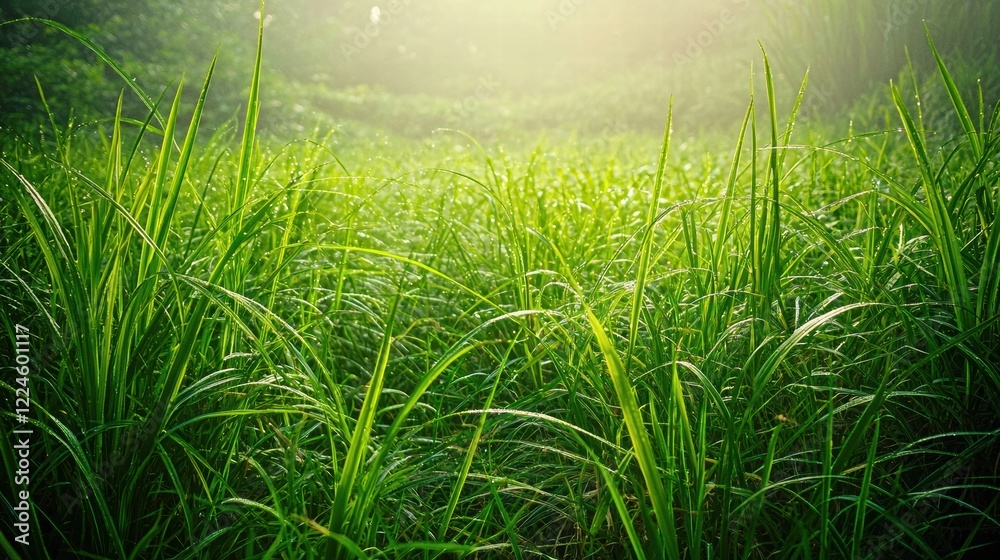 Obraz premium Morning sunlight on grassy hillside with mist and negative space