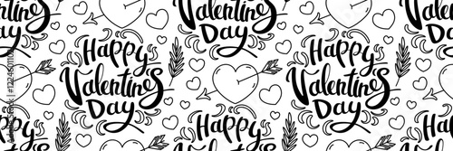 Valentine's Day doodle pattern with hearts and lettering. Line heart with arrow. Cute flying arrow symbol Cupid. outline romantic Background. For packaging, wallpaper. Vector illustration.