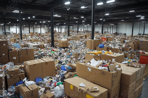 Large Warehouse Interior Filled with Stacked Cardboard Boxes and Debris photo