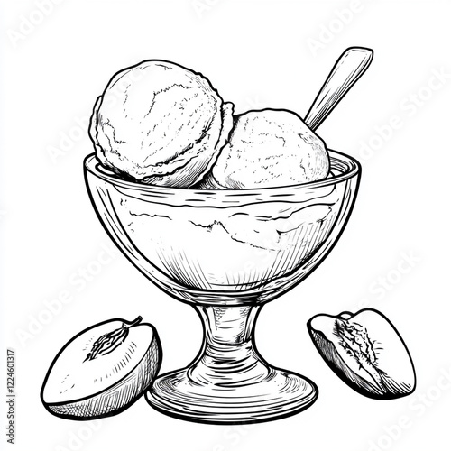 Two scoops of peach ice cream in a glass bowl with fresh peaches.