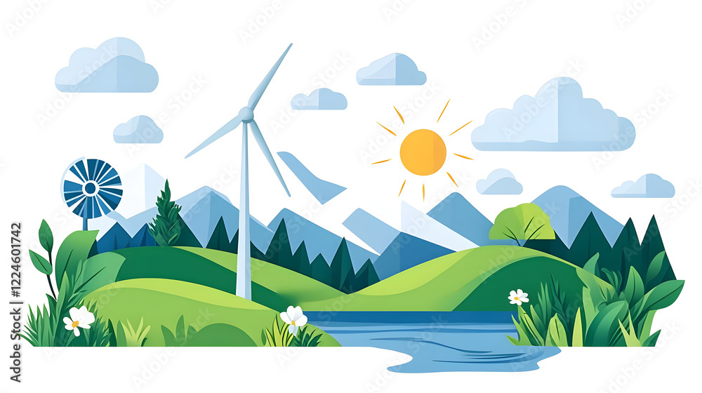 Fototapeta premium Wind Turbine Featuring a Sustainable and Renewable Energy Concept flat illustration. Earth Day 