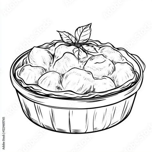 Hand-drawn sketch of apple crumble in a wooden bowl.