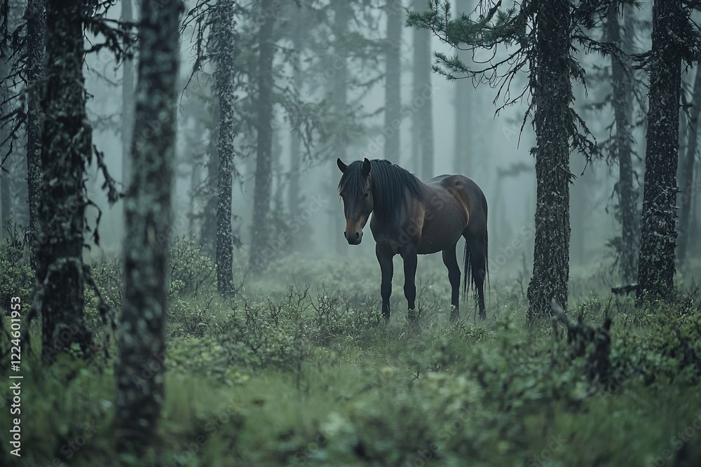 A solitary horse standing in a misty forest, surrounded by tall trees and lush undergrowth, evoking serenity A solitary horse standing in a misty forest, surrounded by tall trees and lush undergrowth, evoking serenity