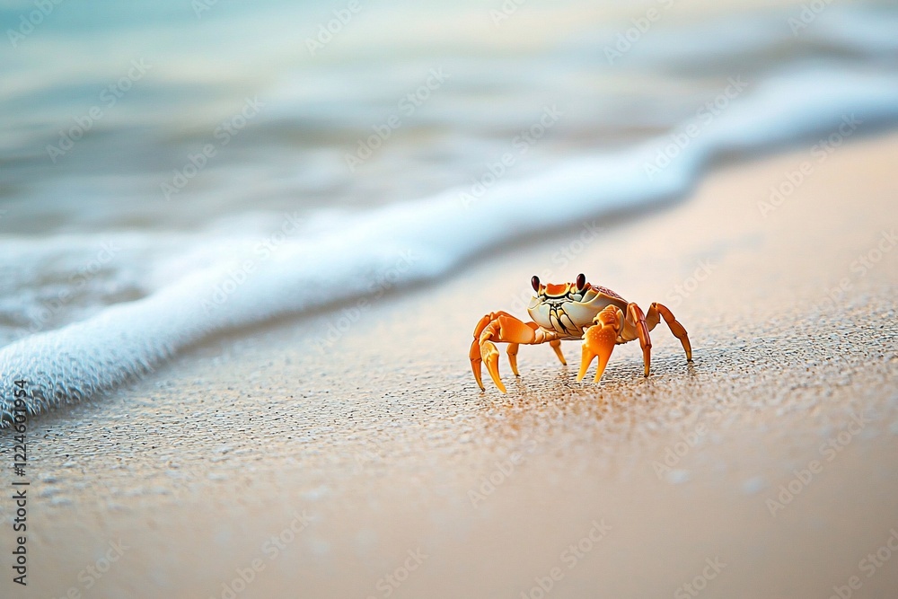 A vibrant orange crab scuttling across a sandy beach with gentle waves lapping in the background A vibrant orange crab scuttling across a sandy beach with gentle waves lapping in the background