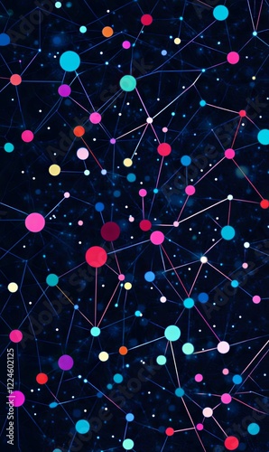 Colorful connected dots network on dark background for digital communication