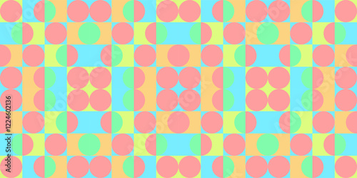 Vibrant geometric pattern featuring colorful circles and semi-circles in a grid layout. Uses pastel shades of pink, green, yellow, and blue, creating a visually appealing and symmetrical composition