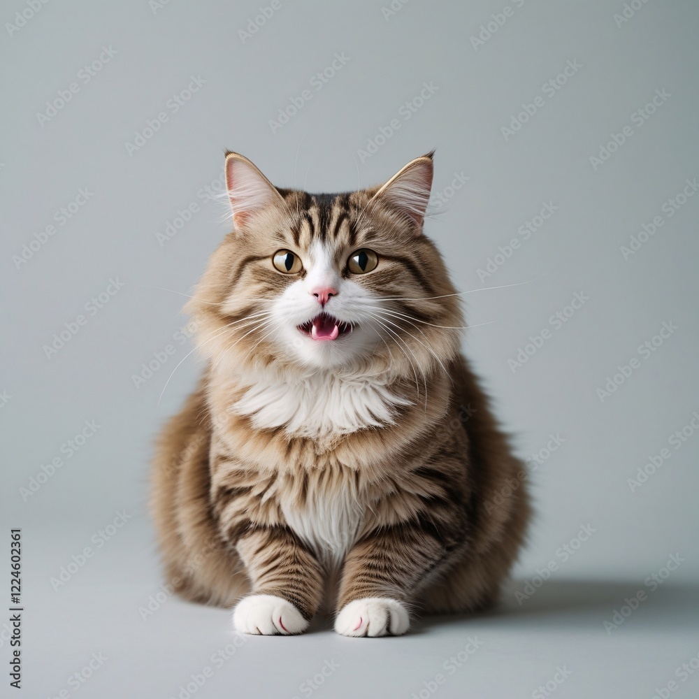 A playful and humorous photograph featuring a single, adorable cat as the main subject, with a bright and cheerful background that complements its fur color
