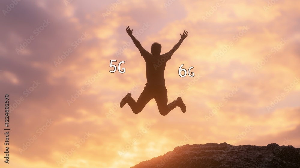 Person Jumping Against Sunset with 5G and 6G Signs Person Jumping Against Sunset with 5G and 6G Signs