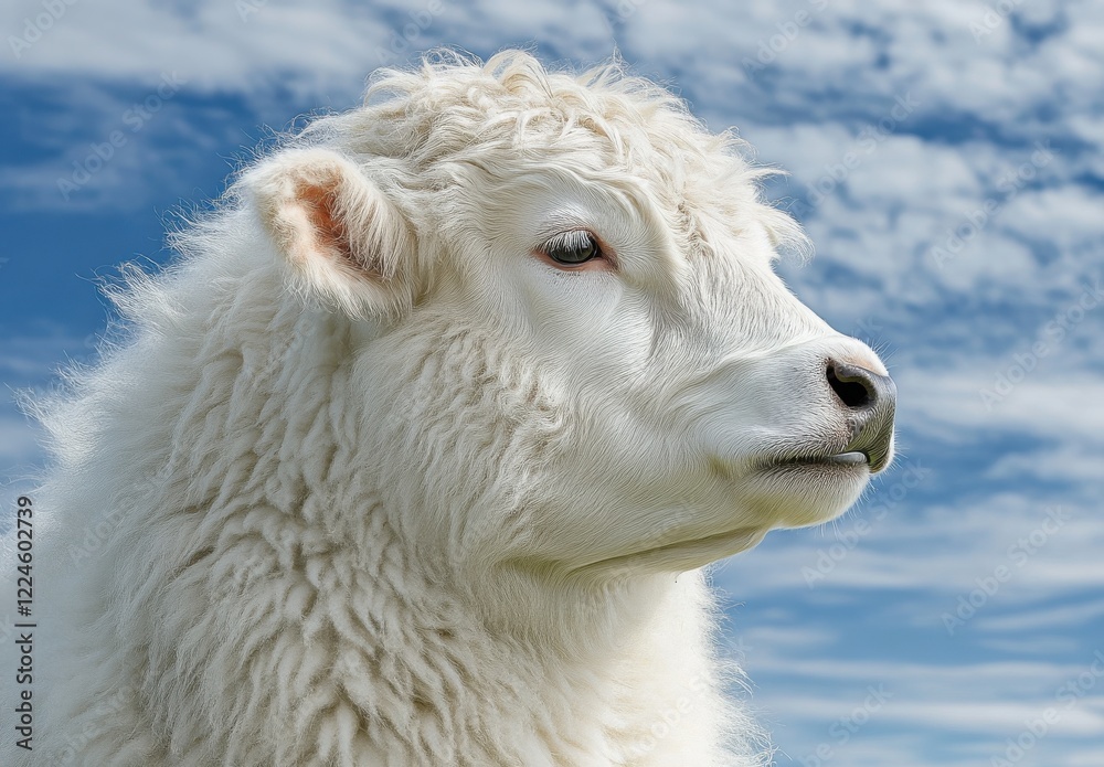 Fototapeta premium Majestic White Sheep Profile Against a Blue Sky with Fluffy Clouds, Captured in Natural Light, Showcasing the Beauty and Texture of Its Woolly Coat