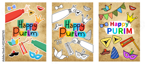 Purim set with cute carnival mask, hamantaschen. Purim celebrating