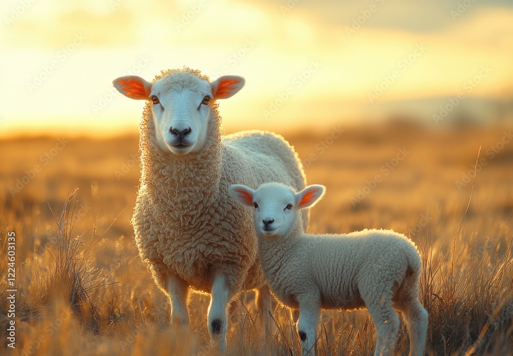 Obraz premium Mother sheep and her adorable lamb stand together in a golden field during sunset, showcasing the beauty of nature and the bond between them, perfect for pastoral themes.