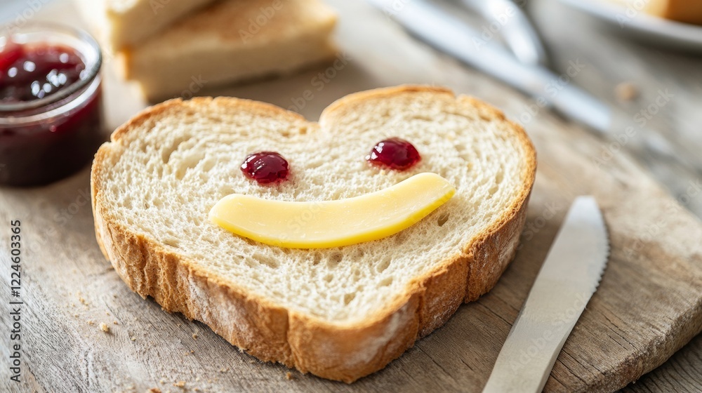 A heart-shaped slice of bread with a smiley face made of cheese and jam, placed on a wooden board with additional bread in the background. A heart-shaped slice of bread with a smiley face made of cheese and jam, placed on a wooden board with additional bread in the background.