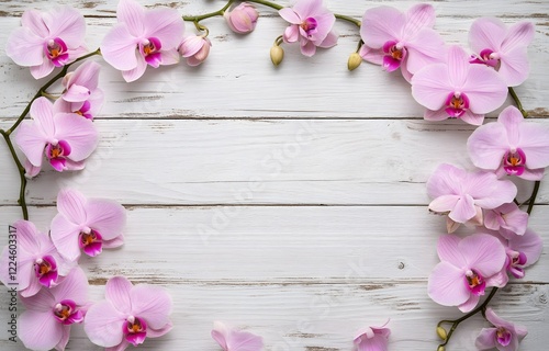 A beautiful arrangement of pink orchids creates a delicate frame on a rustic white wooden background. The vibrant colors and elegant blooms make this image perfect for spa and wellness themes.