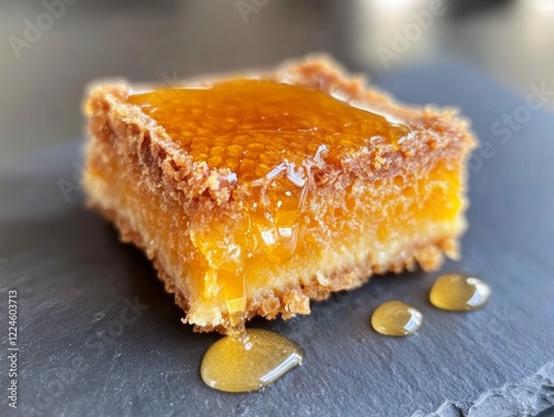 A golden, syrupy dessert square sits on a slate, drizzled with honey, showcasing a crispy texture and a luscious, gooey filling.