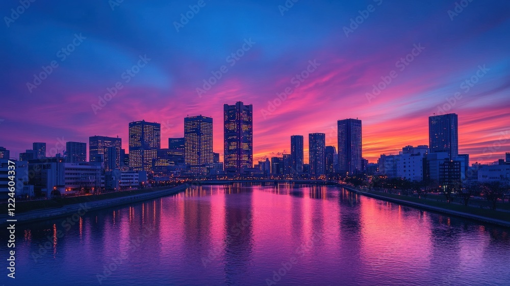 Fototapeta premium A glowing urban skyline at dusk, with towering skyscrapers reflecting the colors of the setting sun.