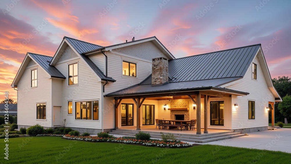 Stunning Modern House with Inviting Porch, Cozy Fireplace, and Expansive Lawn Under a Beautiful Sunset Sky Stunning Modern House with Inviting Porch, Cozy Fireplace, and Expansive Lawn Under a Beautiful Sunset Sky