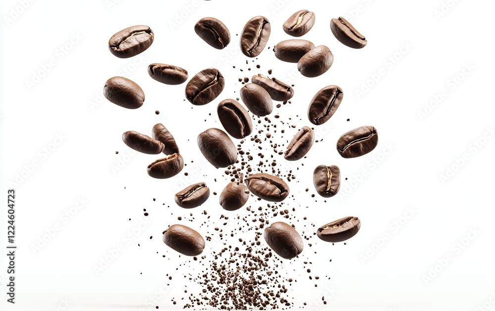 Obraz premium Dynamic flying coffee beans in motion with scattered grains isolated on a clean white background for beverage and cafe themes