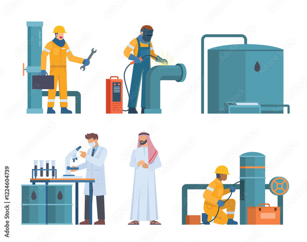 Oil and Gas Industry Workers Collection with Pipes and Industrial Elements. Editable Vector Illustration, Easy to Customize Oil and Gas Industry Workers Collection with Pipes and Industrial Elements. Editable Vector Illustration, Easy to Customize