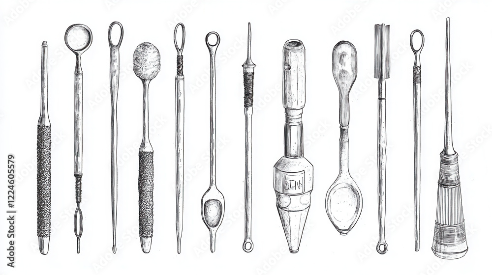 Illustration of various crochet tools, including hooks and accessories, showcasing intricate details and craftsmanship Illustration of various crochet tools, including hooks and accessories, showcasing intricate details and craftsmanship