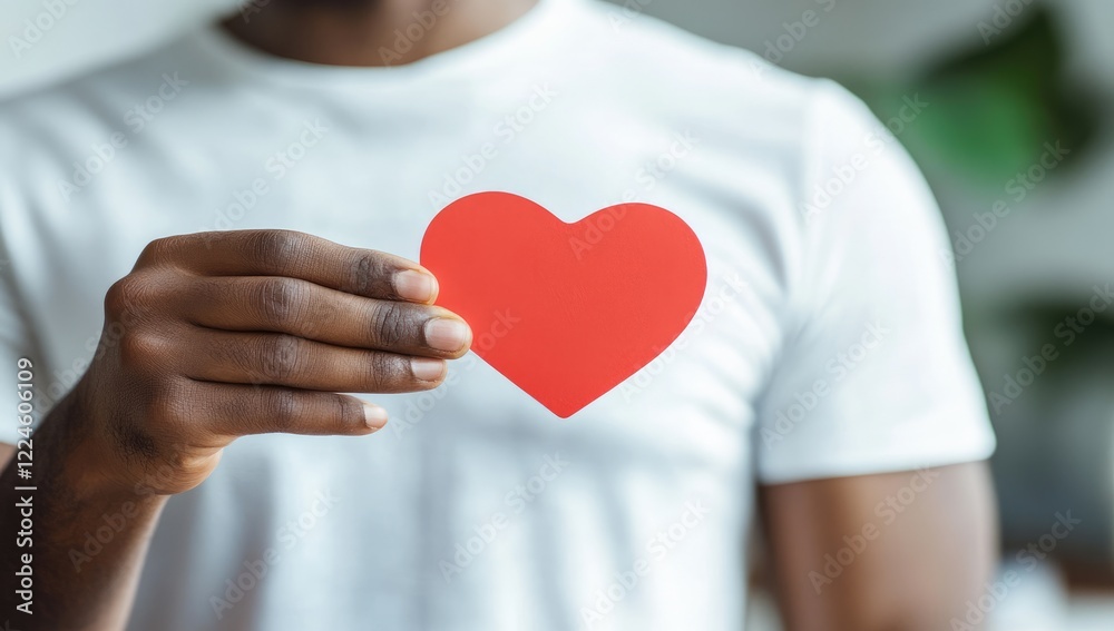 Hand Holding Red Paper Heart Card Against Blurred Background. Love Concept for Valentine's Day with Copy Space Hand Holding Red Paper Heart Card Against Blurred Background. Love Concept for Valentine's Day with Copy Space