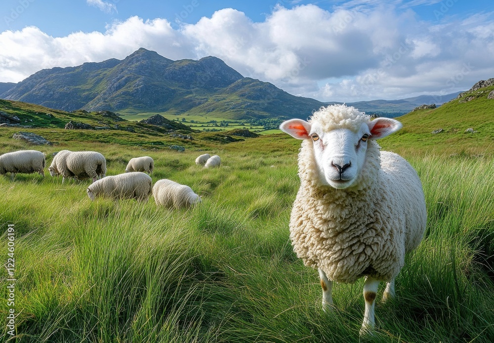 Fototapeta premium Scenic Landscape Featuring a Curious Sheep in a Lush Green Meadow Surrounded by Rolling Hills and a Majestic Mountain Range under a Cloudy Sky