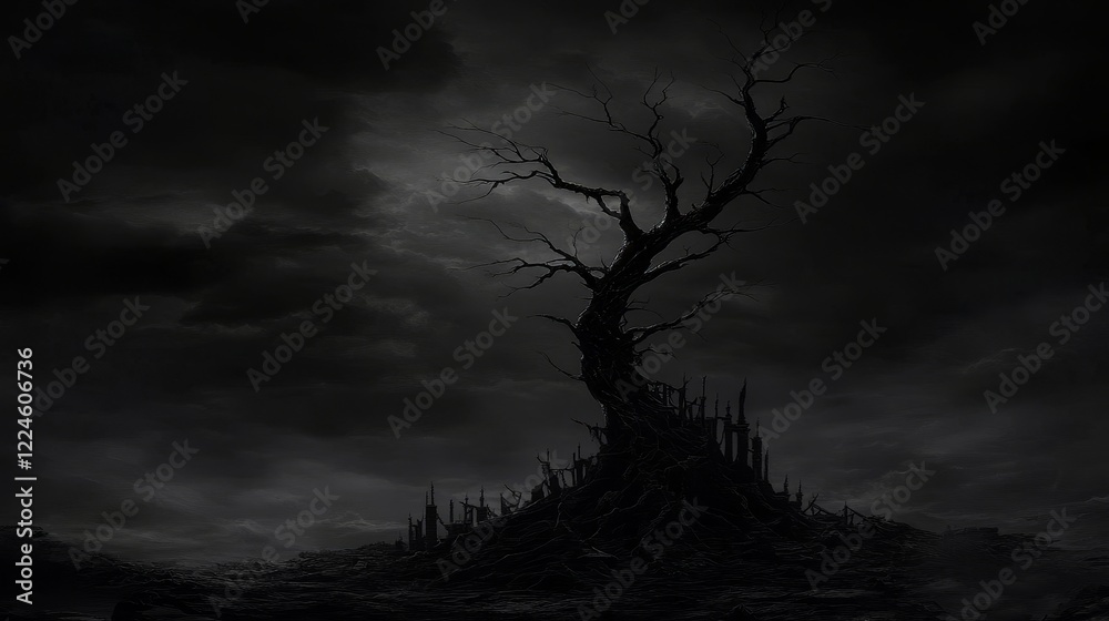 Fototapeta premium Dark Night, Barren Tree Over Ruins, Gloomy Landscape