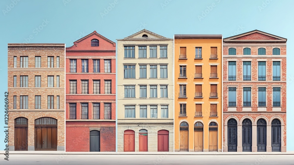 Fototapeta premium Vibrant Colorful Row Houses Sunny Day Architecture. AI Generated