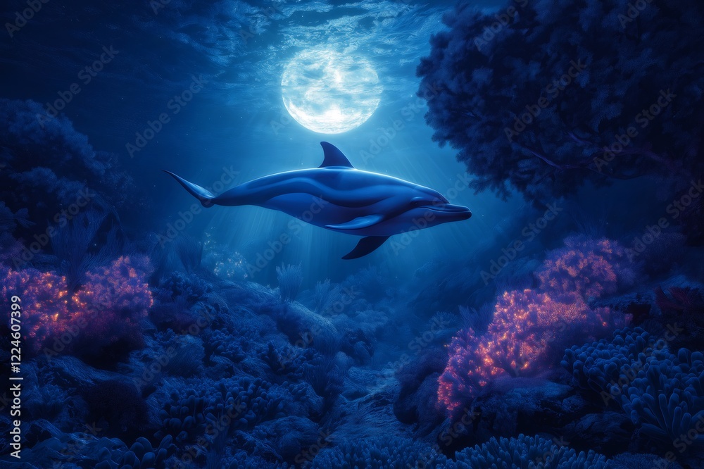 Dolphin swimming in the ocean at night with glowing corals and full moon in the background Dolphin swimming in the ocean at night with glowing corals and full moon in the background
