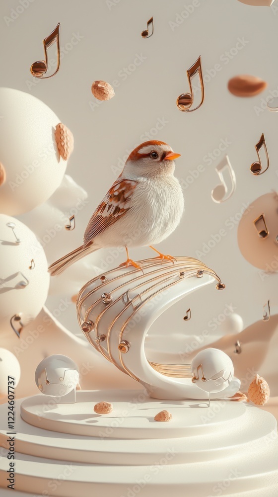 Fototapeta premium Surreal bird on giant guitar string with floating musical notes