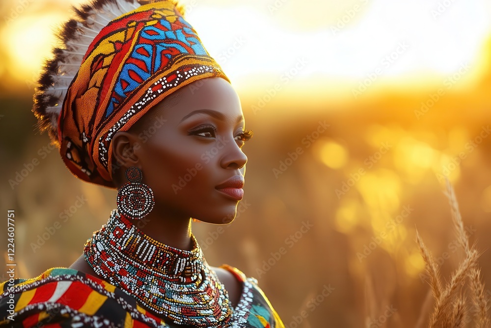 Fototapeta premium traditional zulu warrior princess in vibrant beaded ceremonial attire, adorned with intricate patterns and symbolic jewelry, photographed against african savanna at golden hour
