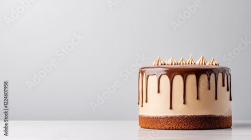 Delicious cake with creamy frosting and chocolate drizzle, elega photo