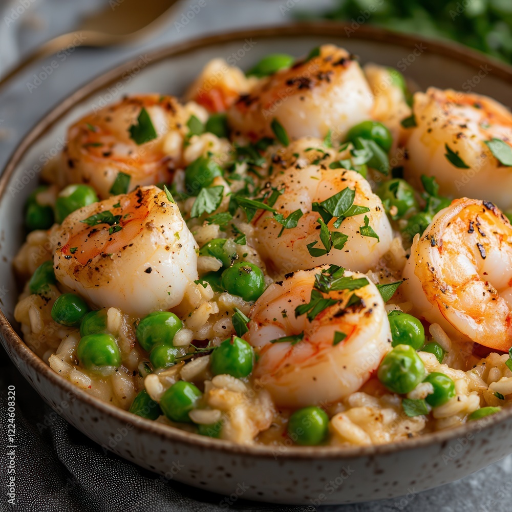 Scallop: A fine dining seafood delicacy. Delicious shrimp risotto with green peas and fresh herbs. Scallop: A fine dining seafood delicacy. Delicious shrimp risotto with green peas and fresh herbs.