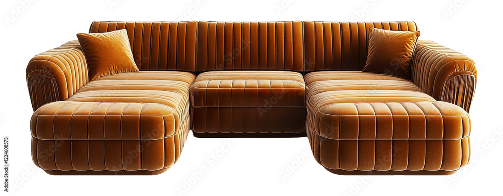 Obraz premium Stylish orange velvet sectional sofa isolated on a transparent background
