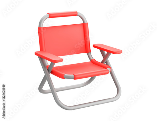 3d camping chair red color. Foldable portable chair for picnic or rest. Stock vector illustration on isolated background.