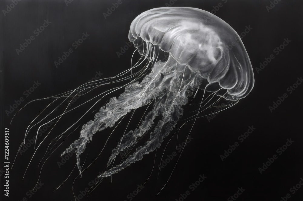 Fototapeta premium Detailed graphite drawing of a jellyfish glowing on a black background, showcasing intricate details and textures