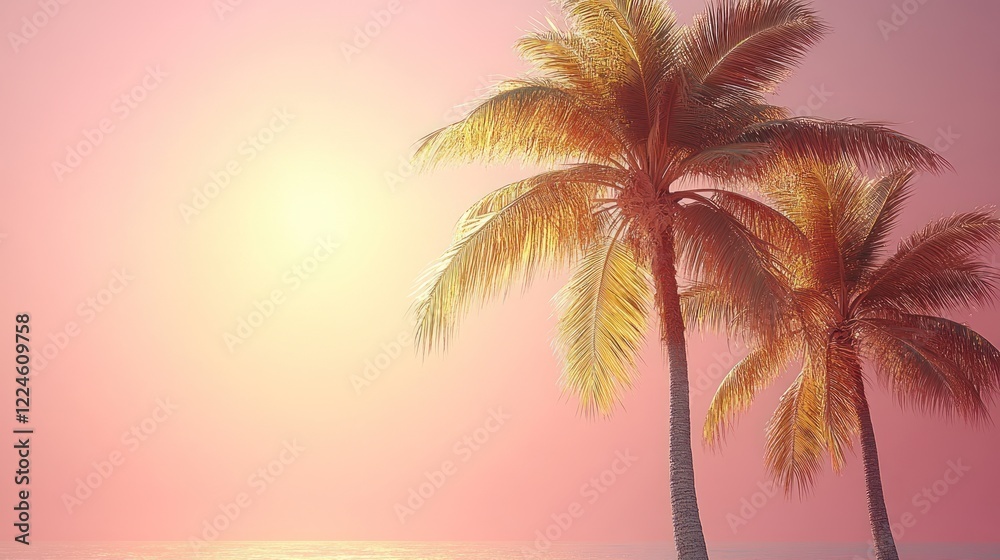Obraz premium Two palm trees, sunset, ocean.