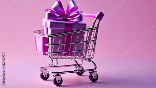 Shopping cart with a vibrant pink gift box on a pastel background, symbolizing online shopping and gifting. photo