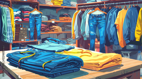 Folded Jeans with Measuring Tape in Clothing Store, Wooden Shelves and Interior Display