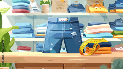 Folded Jeans with Measuring Tape in Clothing Store, Wooden Shelves and Interior Display