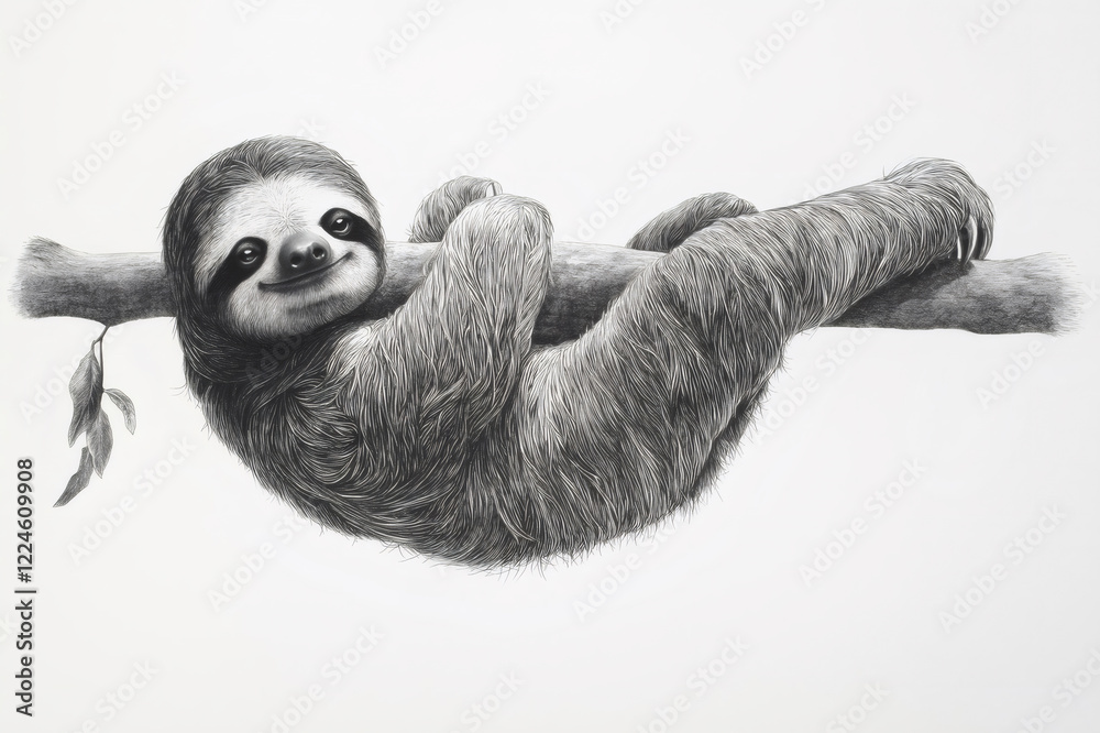 Fototapeta premium Detailed graphite drawing of a smiling sloth hanging from a tree branch, enjoying its peaceful life in the rainforest